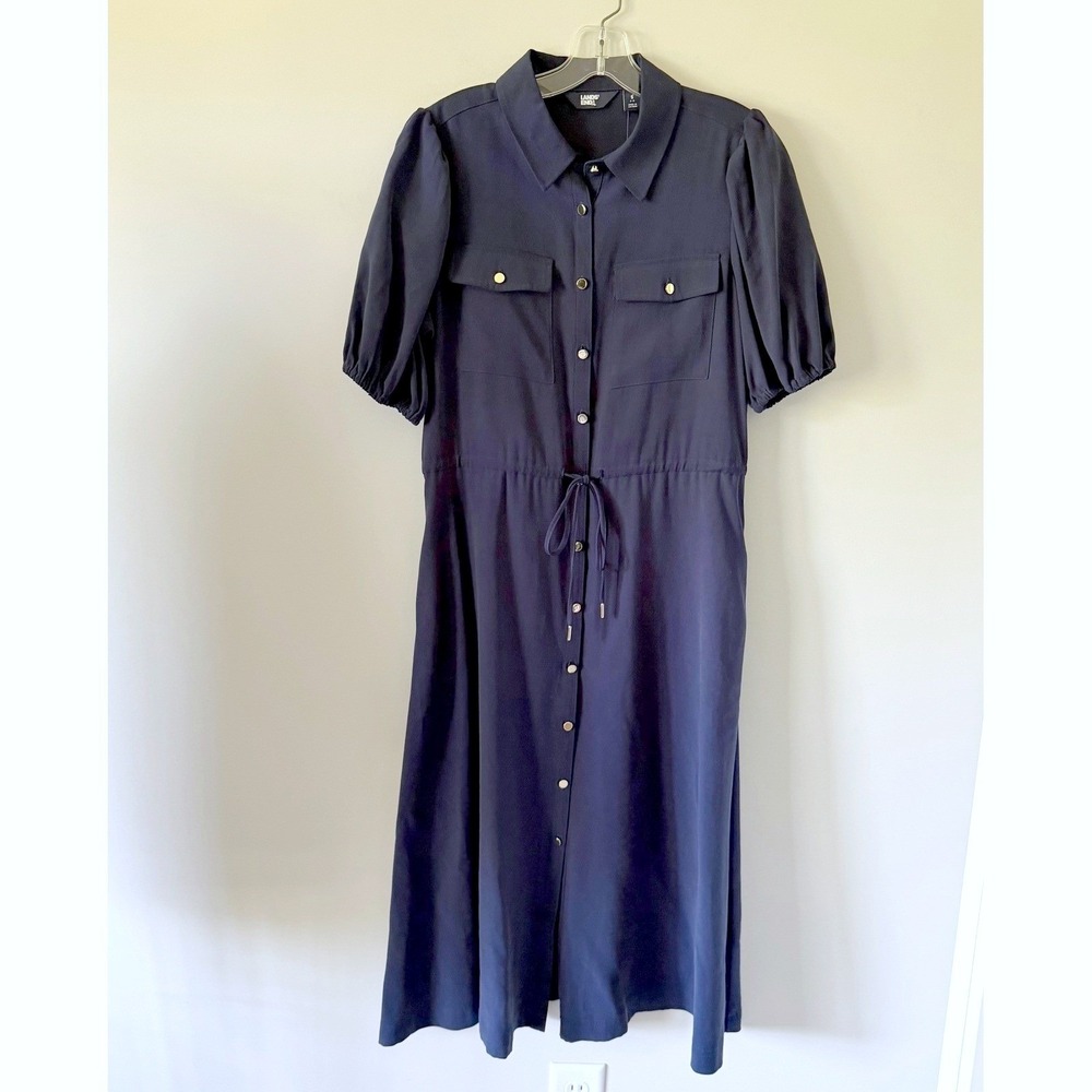 Lands End Twill Button Front Fluid SS Shirt Dress Deep Sea Navy S 6-8 Nautical